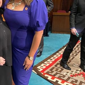 Blue Crepe Square Neck Puff Sleeve Midi dress!